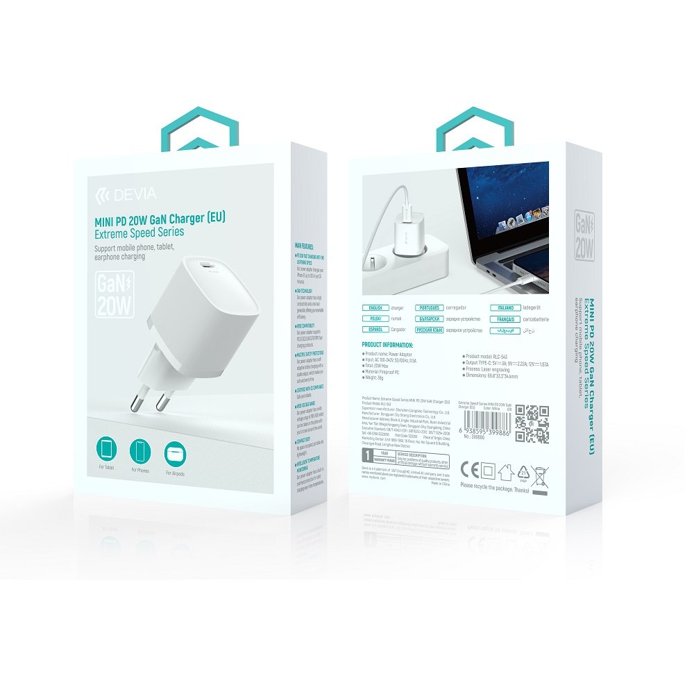 Devia sienas lādētājs Extreme Mini PD GaN 20 W, 1x USB-C, balts