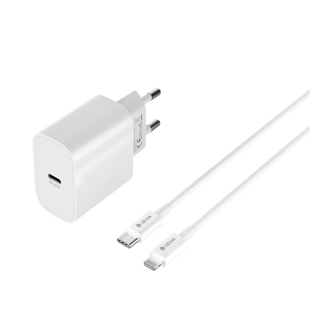 Devia tīkla lādētājs Smart PD GaN 30W 1x USB-C balts + kabelis USB-C - Lightning