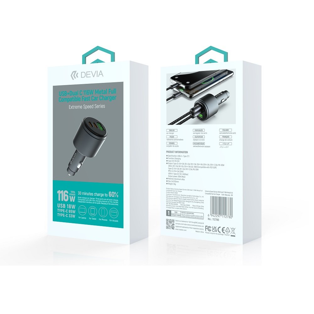 Devia automašīnas lādētājs Extreme metāla PD QC 116W 1x USB 2x USB-C melns