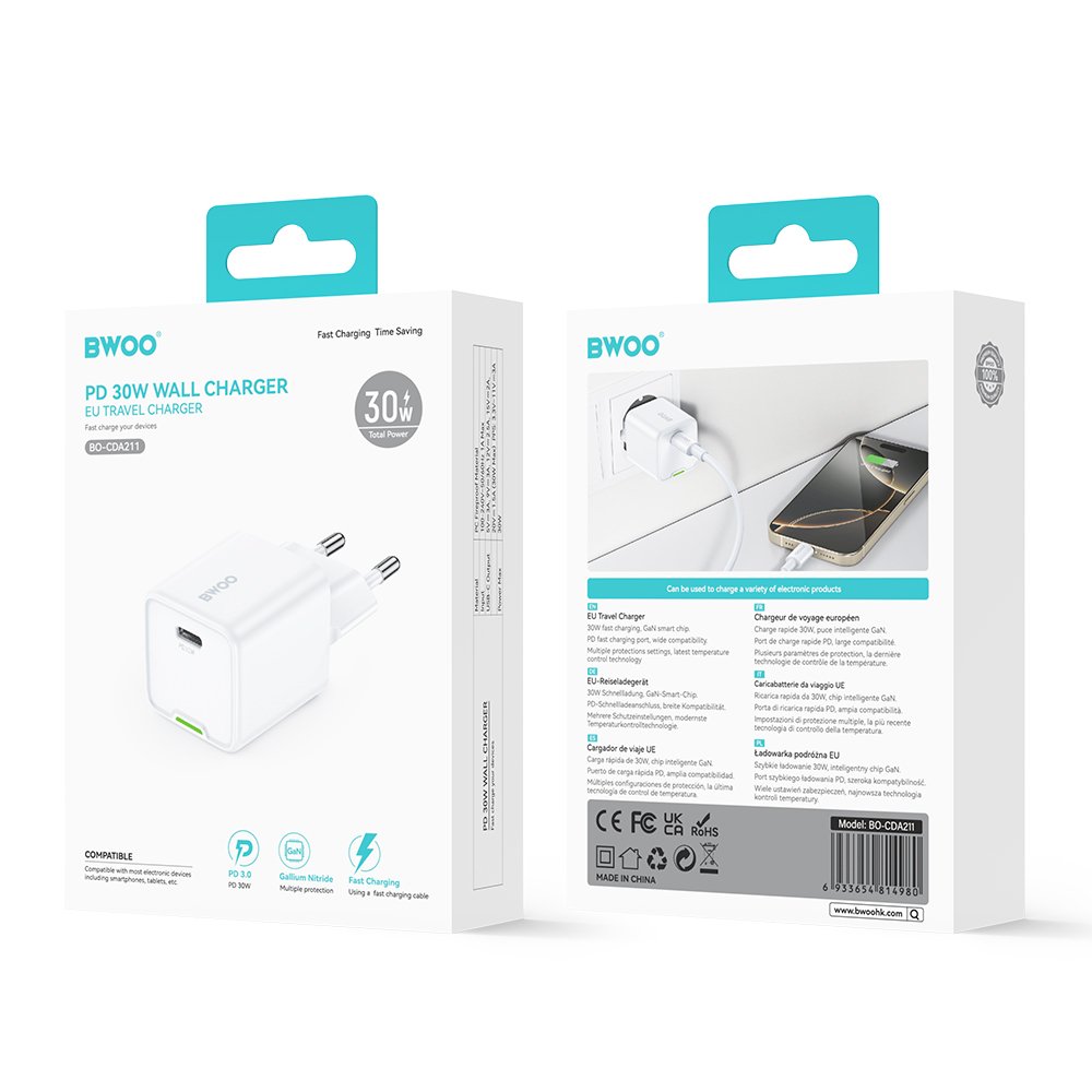 BWOO tīkla lādētājs GAN PD 30W 1x USB-C port 1A, balts