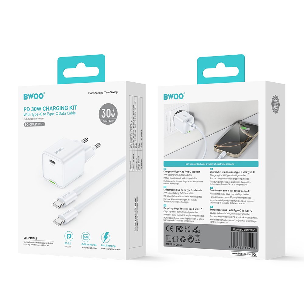 BWOO GaN PD 30W tīkla lādētājs 1x USB-C porti ar 60W kabeli USB-C 2A balts