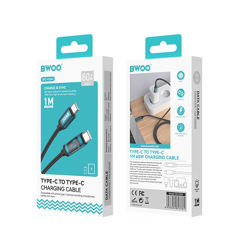 BWOO USB-C - USB-C kabelis 1m 60W ar LED displeju, pīts, melns