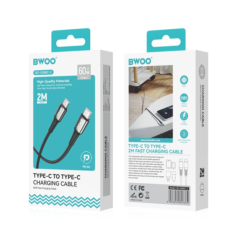 BWOO pīts kabelis USB-C - USB-C 2m 60W melns
