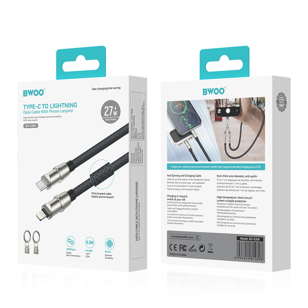 BWOO kabelis USB-C - Lightning 0.3m 27W ar siksniņa