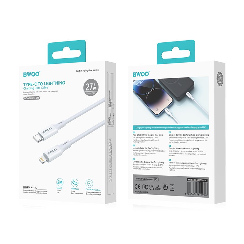 BWOO kabelis USB-C - Lightning 2m 27W ABS + TPE, balts