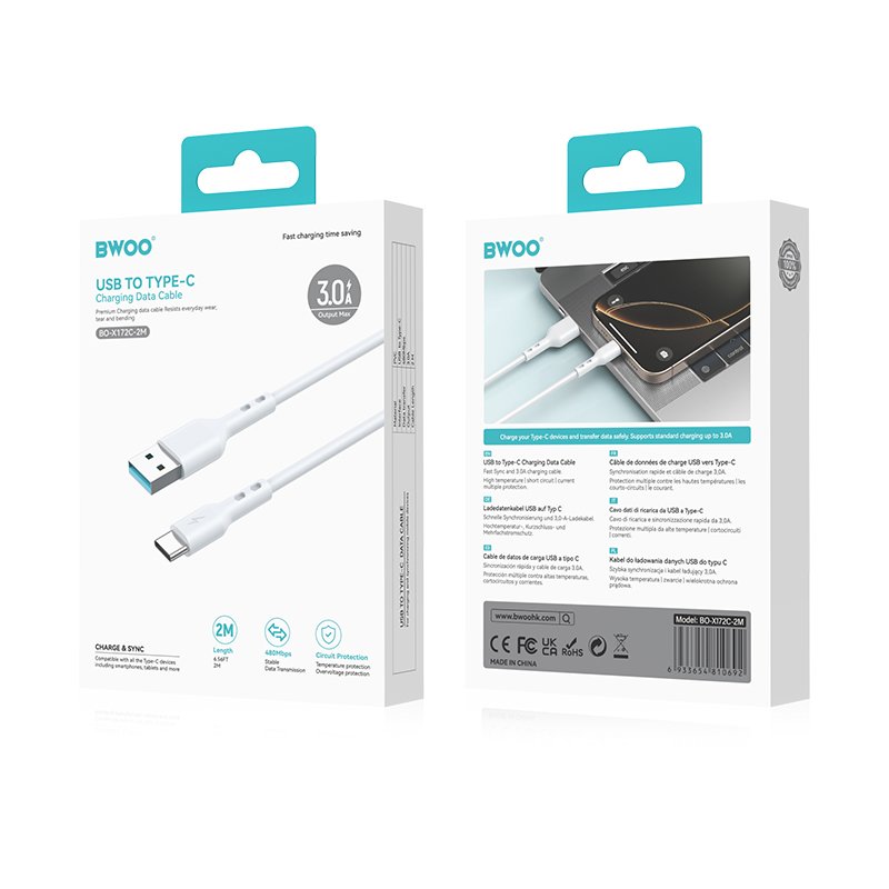 BWOO kabelis USB - USB-C 2m 3A, balts