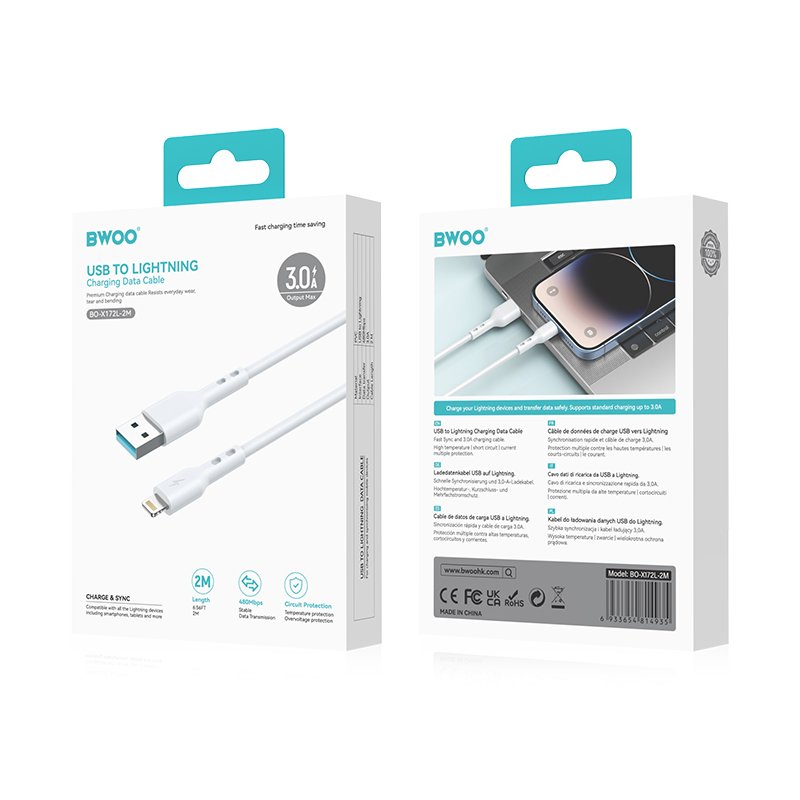 BWOO kabelis USB - Lightning 2m 3A, balts
