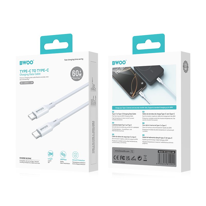 BWOO kabelis USB-C - USB-C 2m 60W ABS + TPE, balts