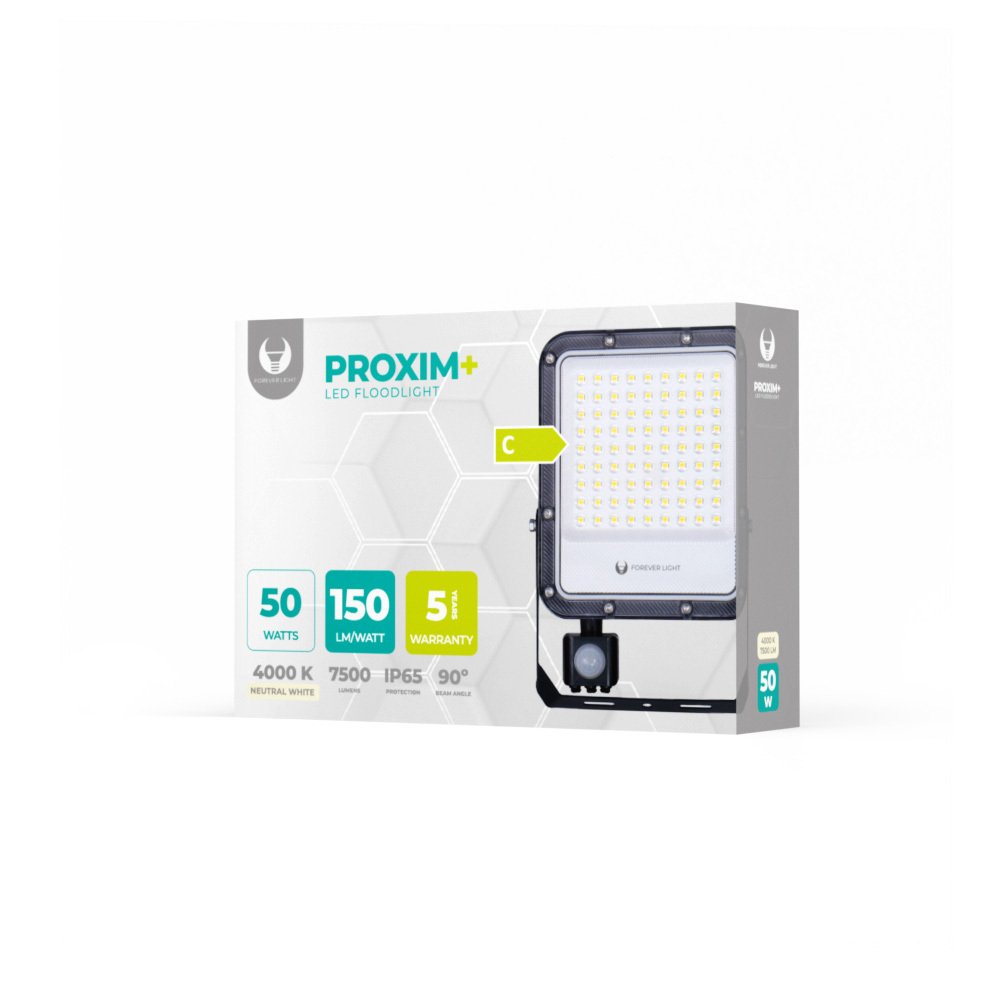 LED prožektors Proxim+ 50W 4000K 7500lm PIR 230V IP65 Forever Light 150lm/W 5 gadu garantija