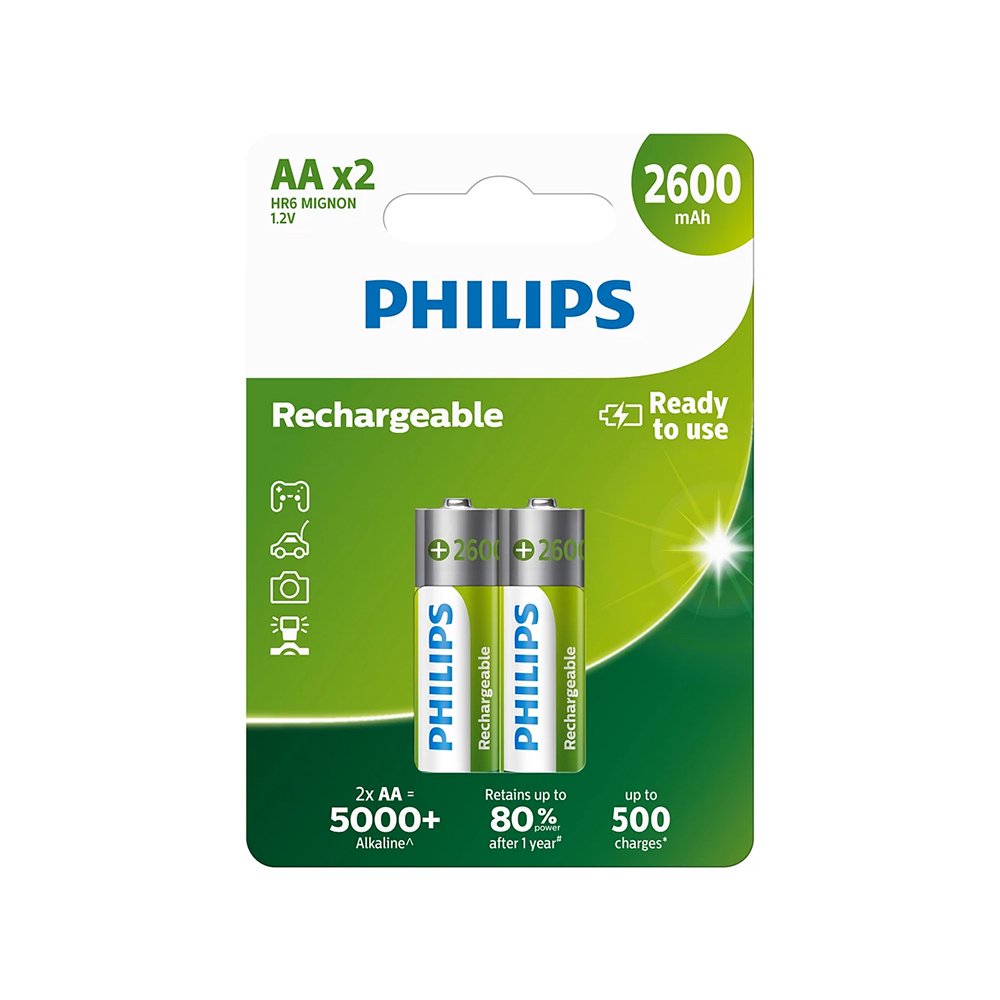PHILIPS uzlādējamas baterijas AA NiMH 2600mAh, 2 gab. komplekts.