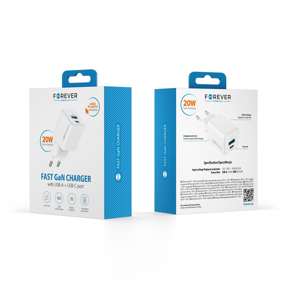 Forever TC-08-20AC GaN PD QC lādētājs 1x USB-C 1x USB 20W balts