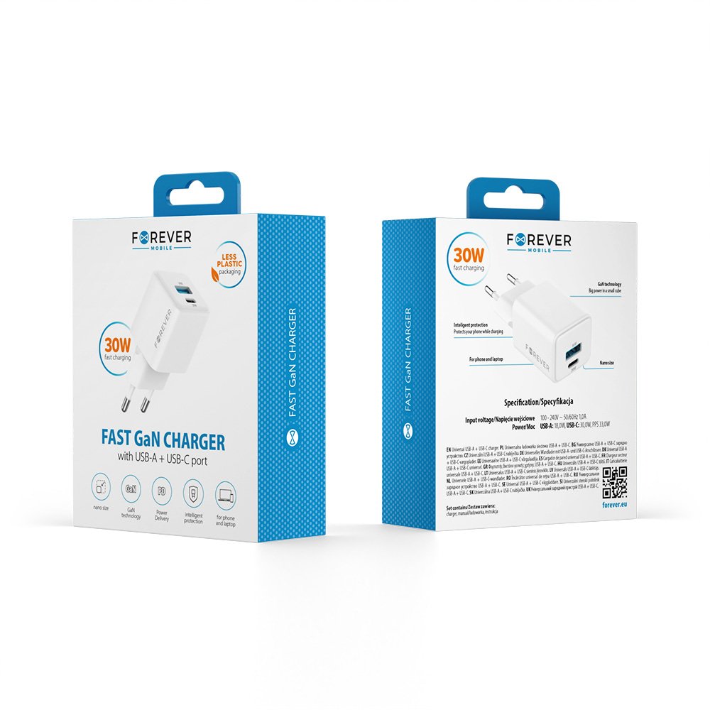 Forever TC-08-30AC GaN PD QC lādētājs 1x USB-C 1x USB 30W balts