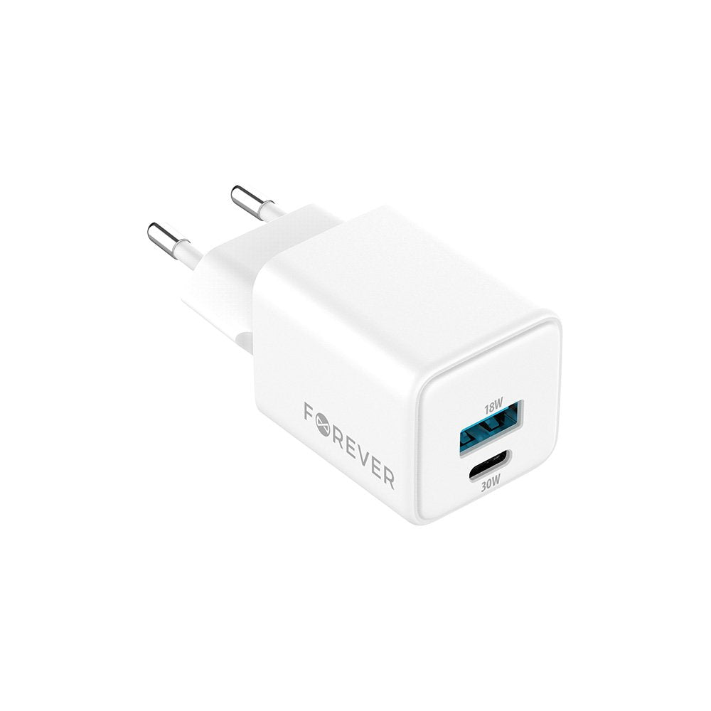 Forever TC-08-30AC GaN PD QC lādētājs 1x USB-C 1x USB 30W balts