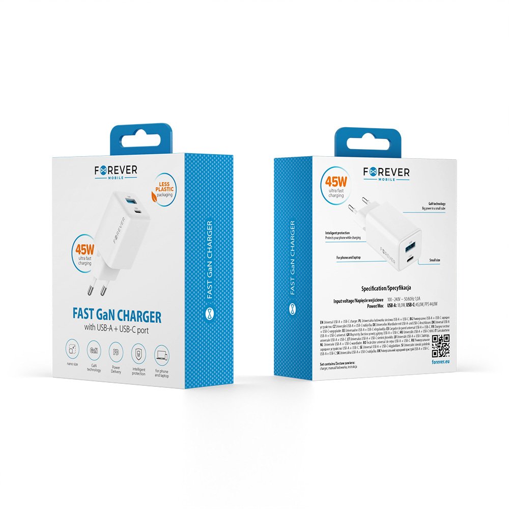 Forever TC-08-45AC GaN PD QC lādētājs 1x USB-C 1x USB 45W balts