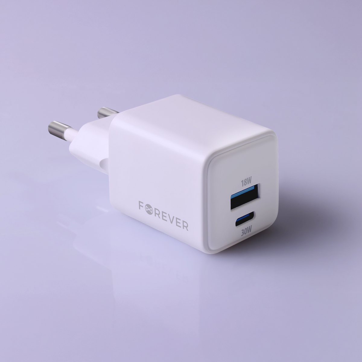 Forever TC-08-30AC GaN PD QC lādētājs 1x USB-C 1x USB 30W balts