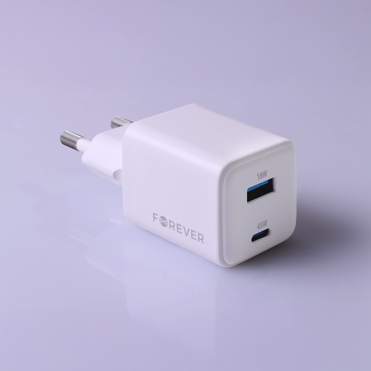 Forever TC-08-45AC GaN PD QC lādētājs 1x USB-C 1x USB 45W balts