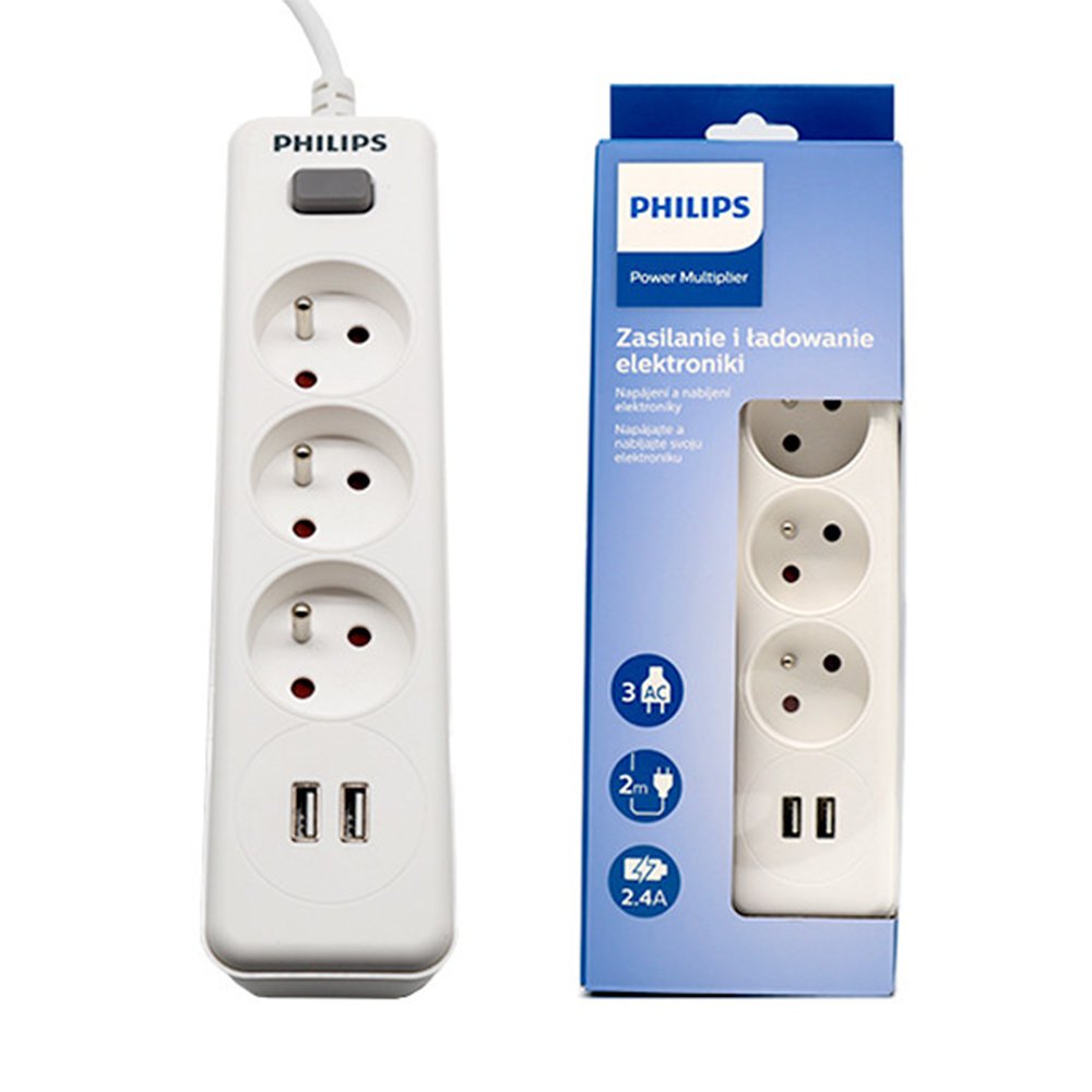Strāvas pagarinātājs PHILIPS pagarinātājs 3 rozetes + 2 USB 2m 10A balts