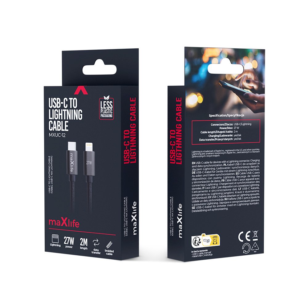 Maxlife kabelis MXUC-12 USB-C - Lightning 2,0 m 27W, melns