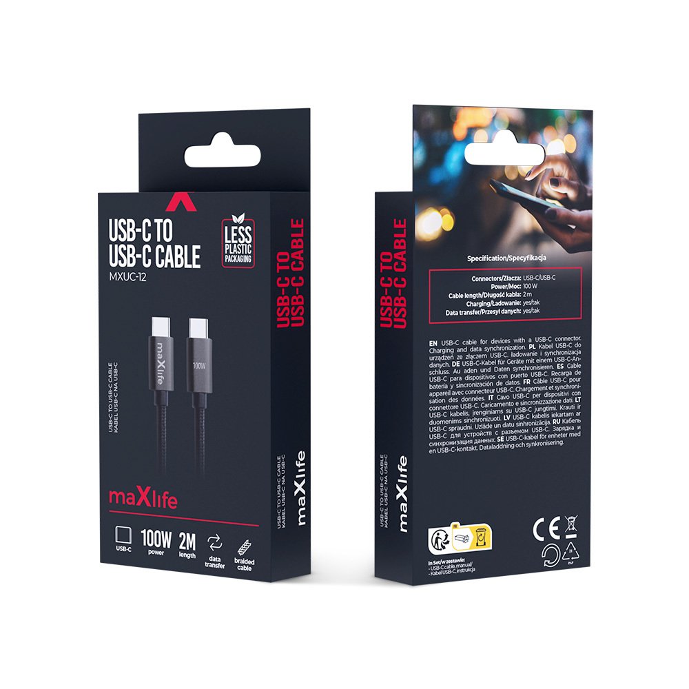 Maxlife kabelis MXUC-12 USB-C - USB-C 2,0 m 100W, melns