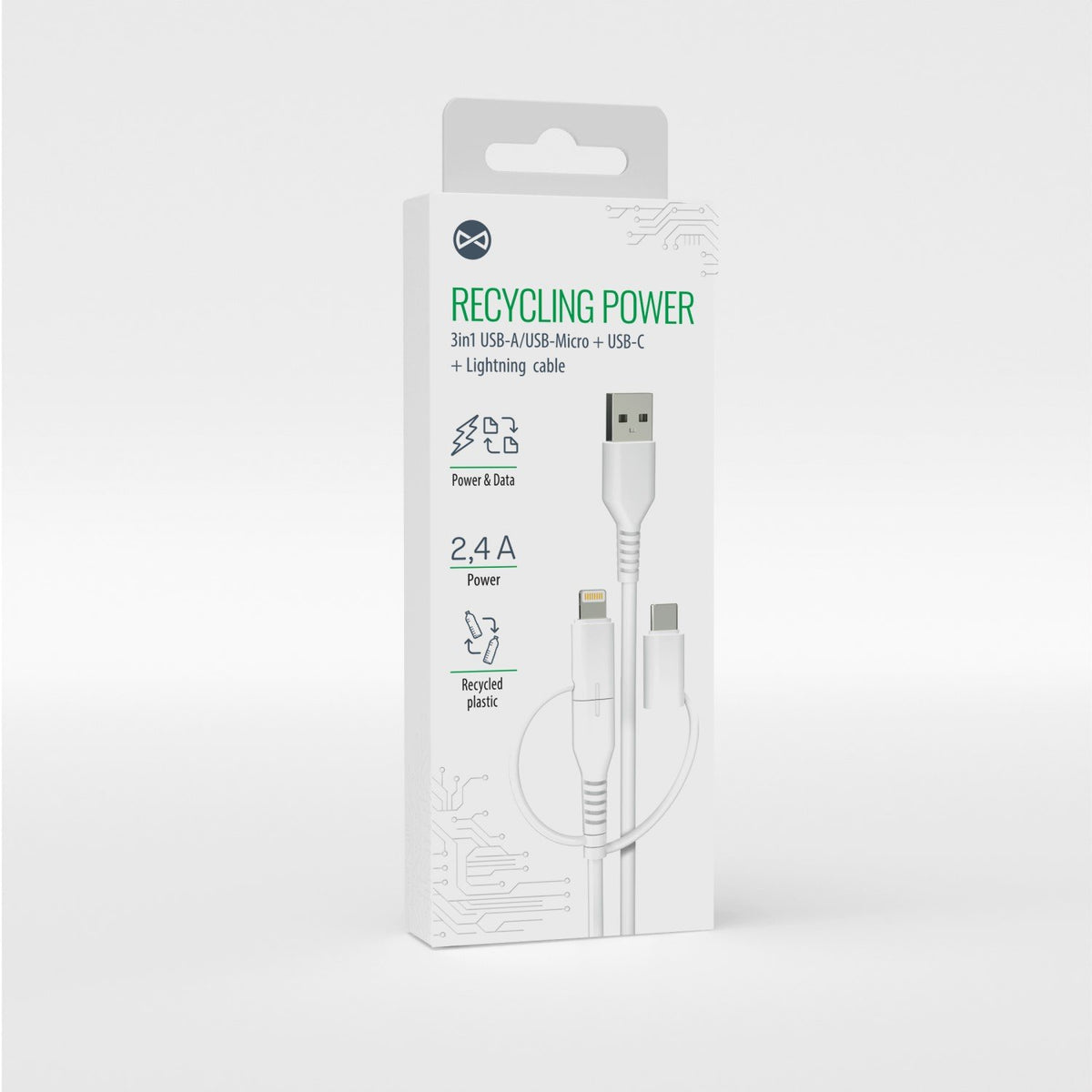 Forever pārstrādes kabelis 3w1 1,5m 2,4A USB-A -USB-C+ microUSB + Lightning KR3W1-00 balts