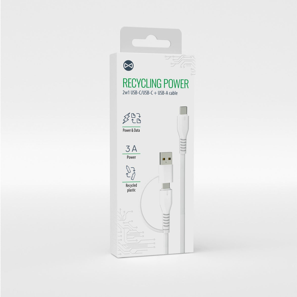 Forever pārstrādes kabelis 2w1 1,5m 3A USB-C - USB-C + USB-A KR2W1-00 balts