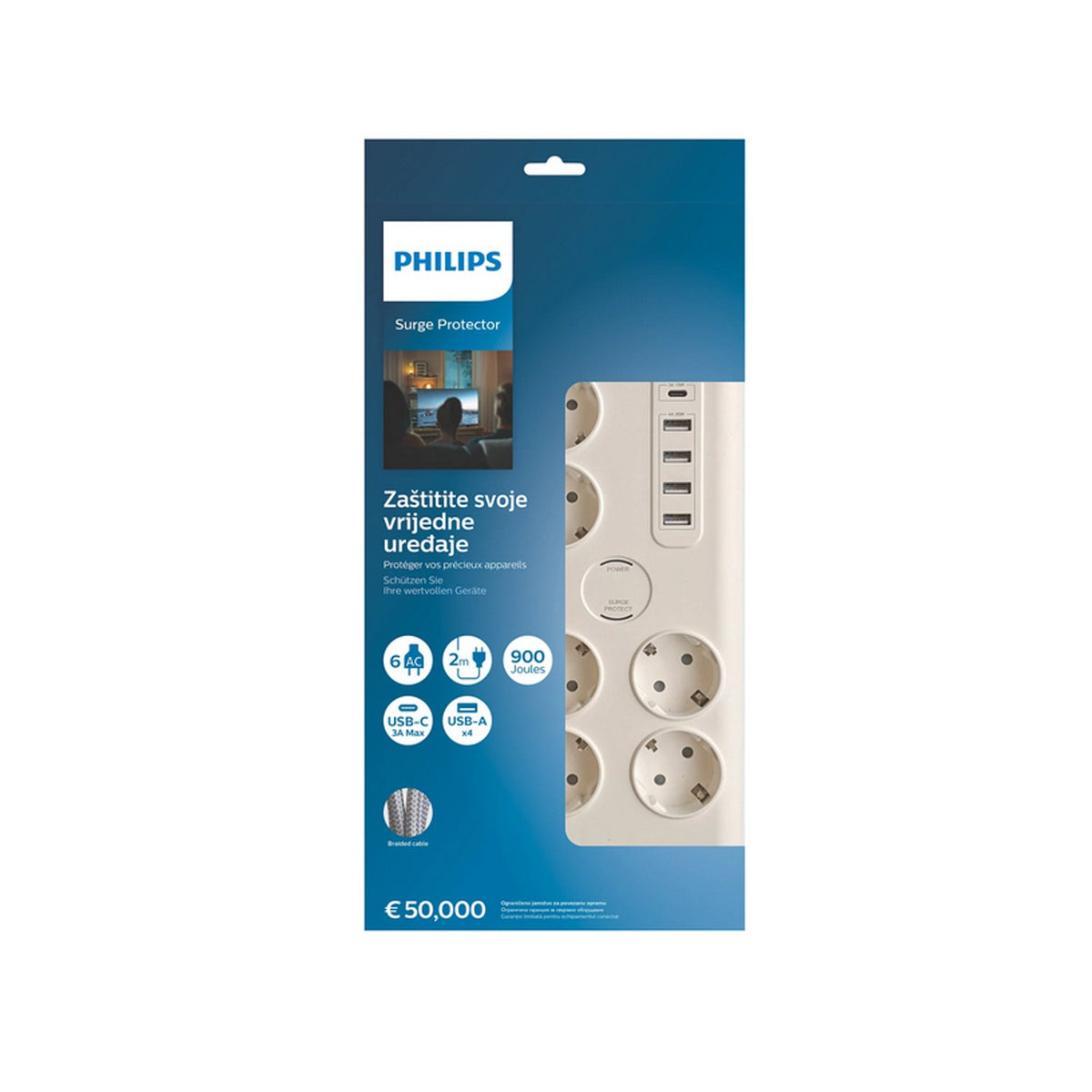 Pret pārsprieguma strāvas pagarinātājs PHILIPS 6 Schuko rozetes + 6x USB-A + 1x USB-C 2m 16A balts