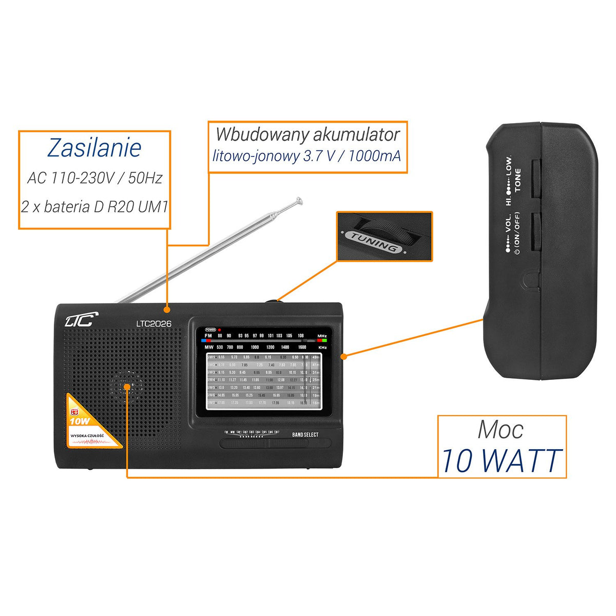 LTC pārnēsājamais radio WILGA, melns