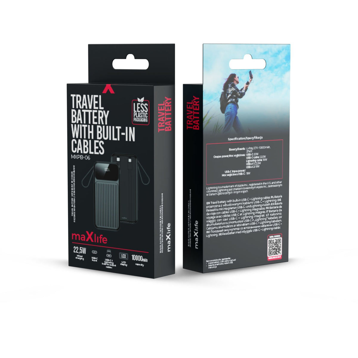 Maxlife pārnēsājamais akumulators ar iebūvētiem vadiem MXPB-06 PD QC 22,5W 10000 mAh melns