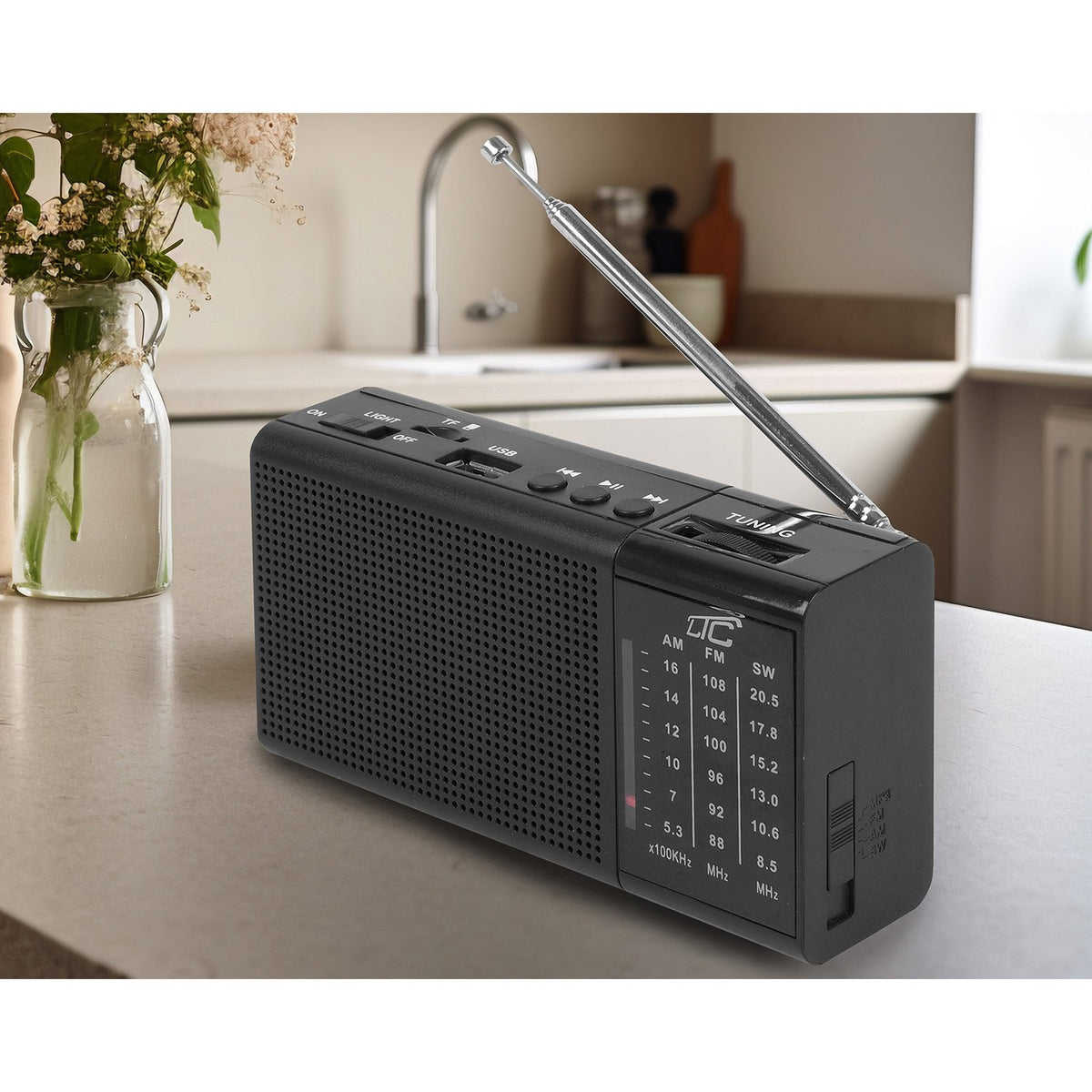 LTC pārnēsājams lukturītis radio REGA, USB, TF, AUX, mini LED, melns