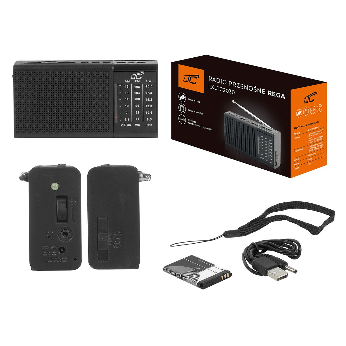 LTC pārnēsājams lukturītis radio REGA, USB, TF, AUX, mini LED, melns