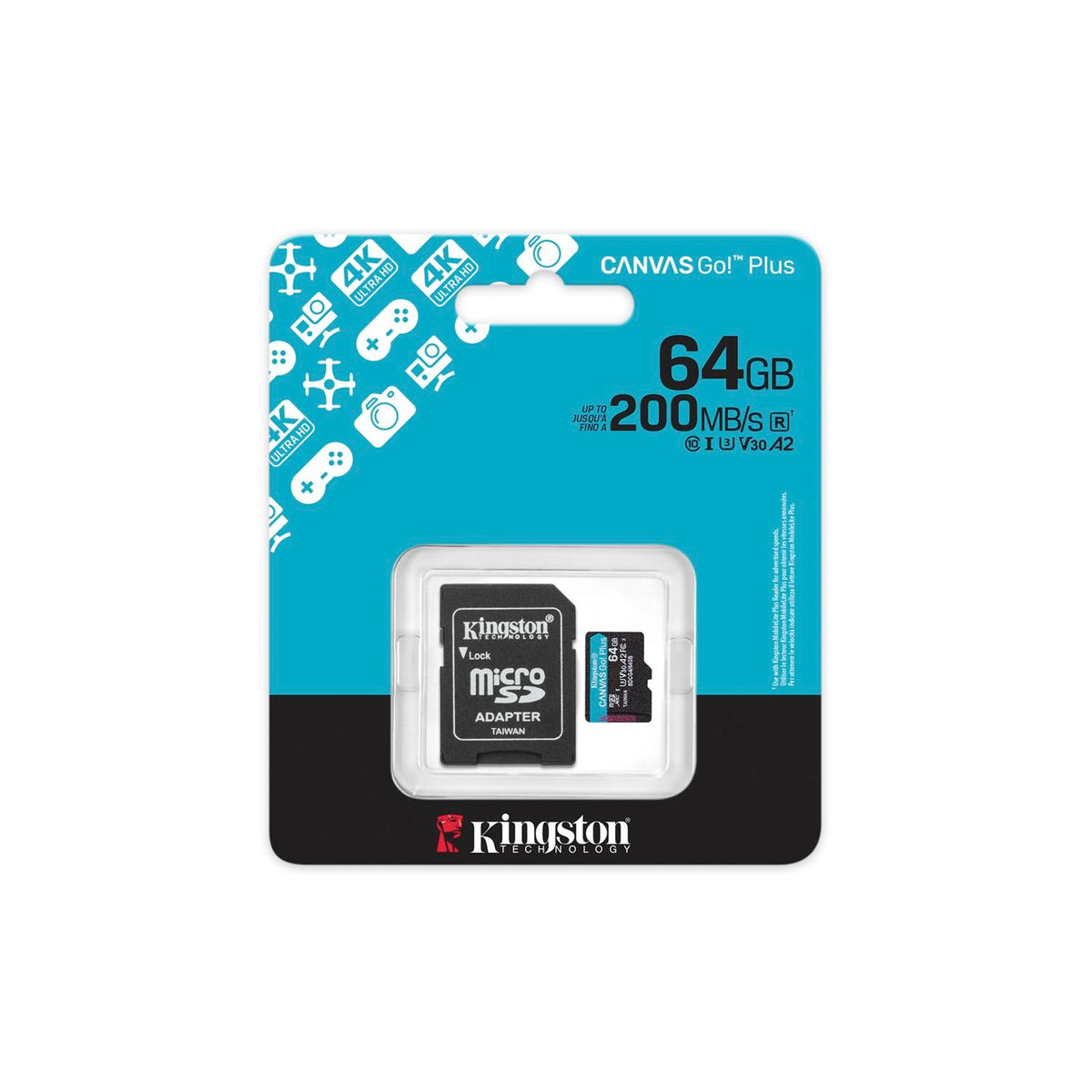 Kingston atmiņas karte 64GB microSDXC Canvas Go Plus Gen4 200MB/s A2 U3 V30 + adapteris