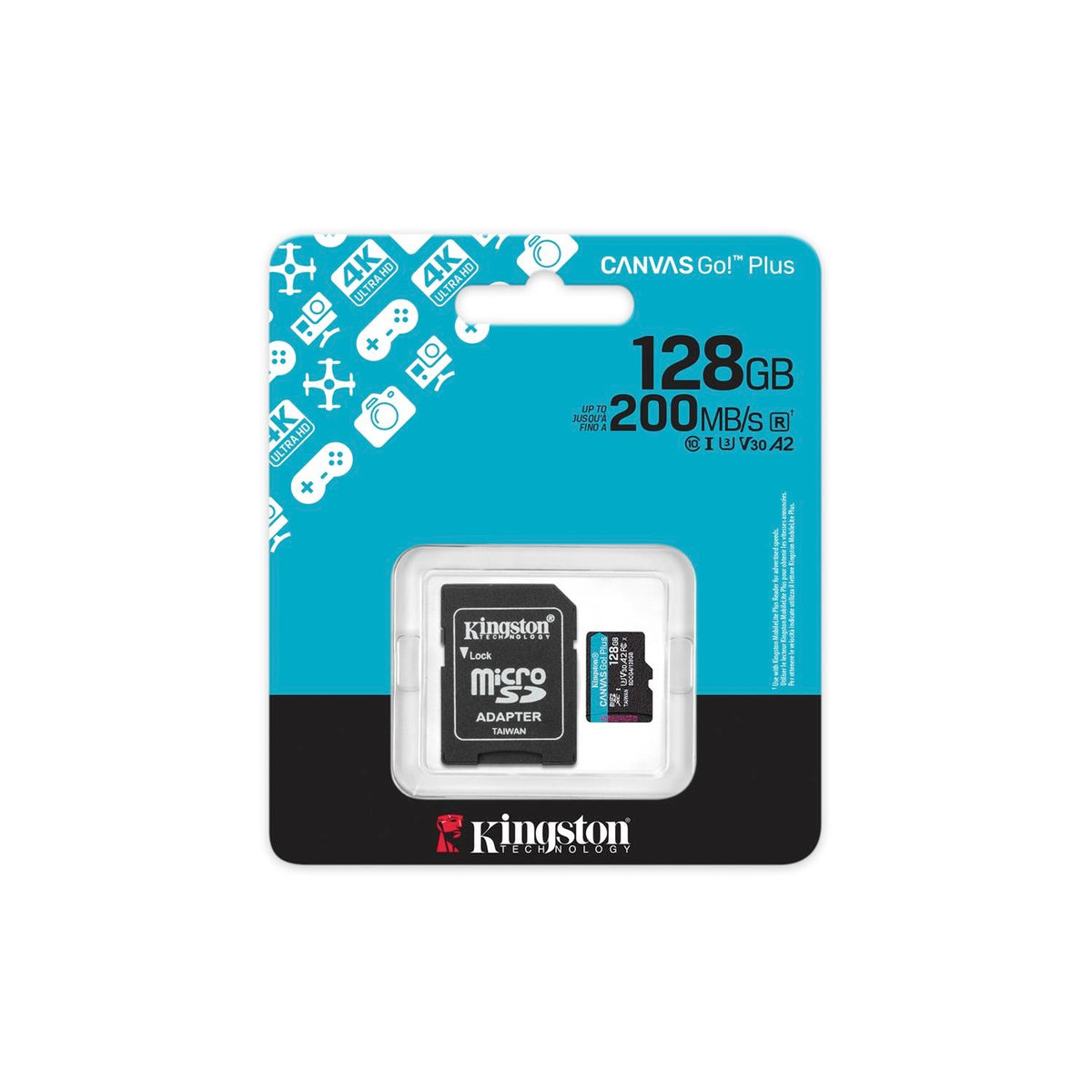 Kingston atmiņas karte 128GB microSDXC Canvas Go Plus Gen4 200MB/s A2 U3 V30 + adapteris