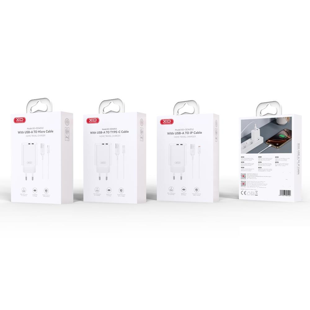 XO tīkla lādētājs CE34 2x USB 2,4A, balts