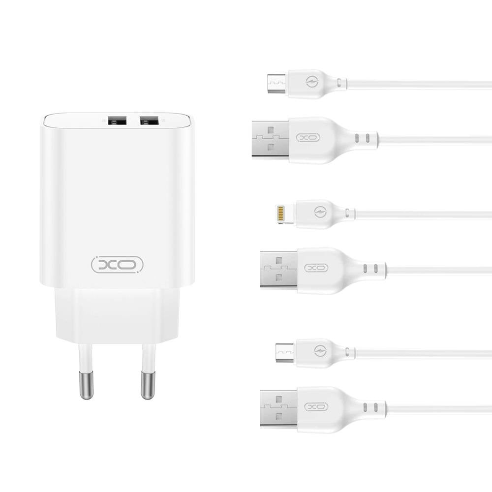 XO tīkla lādētājs CE34 2x USB 2,4A balts + USB-C kabelis