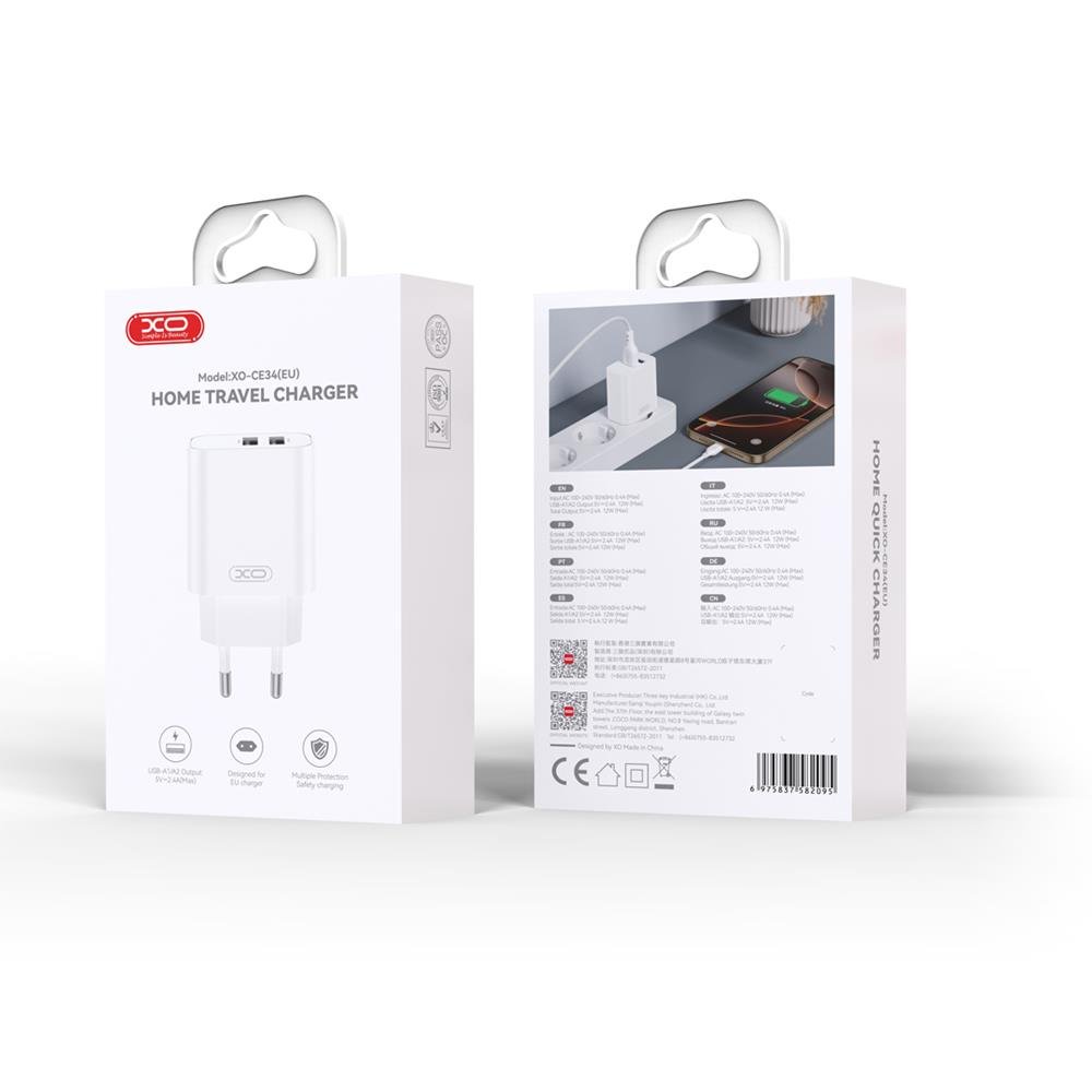 XO tīkla lādētājs CE34 2x USB 2,4A balts + Lightning kabelis