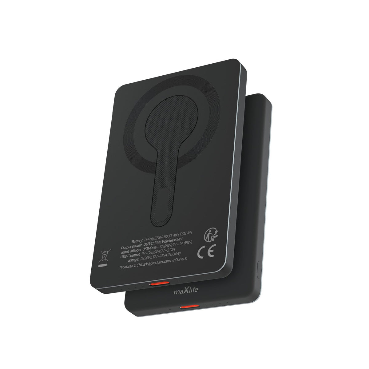 Maxlife ārējā baterija ar bezvadu lādēšanu MXPB-05 20W PD 5000 mAh, magnētiska, melna