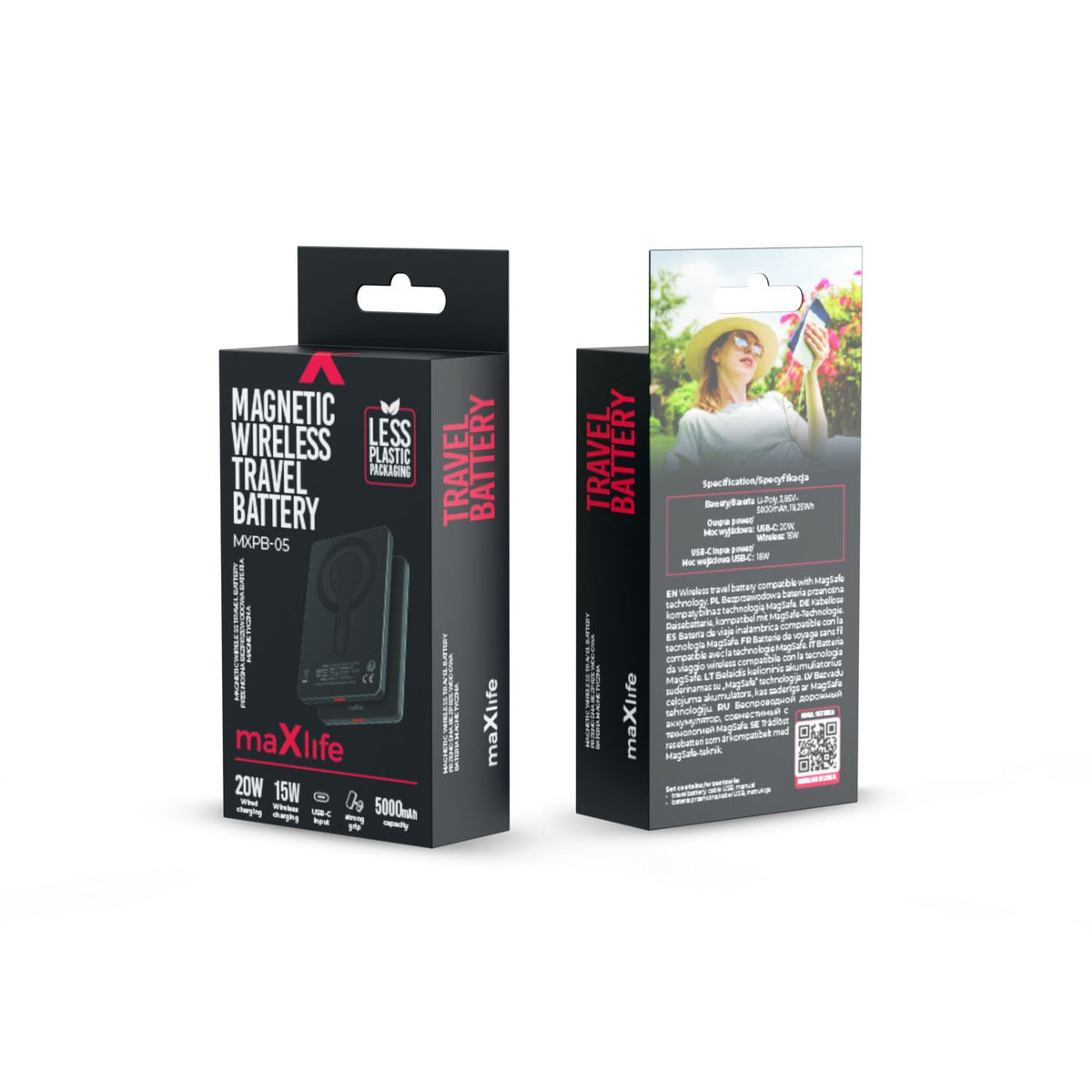 Maxlife ārējā baterija ar bezvadu lādēšanu MXPB-05 20W PD 5000 mAh, magnētiska, melna