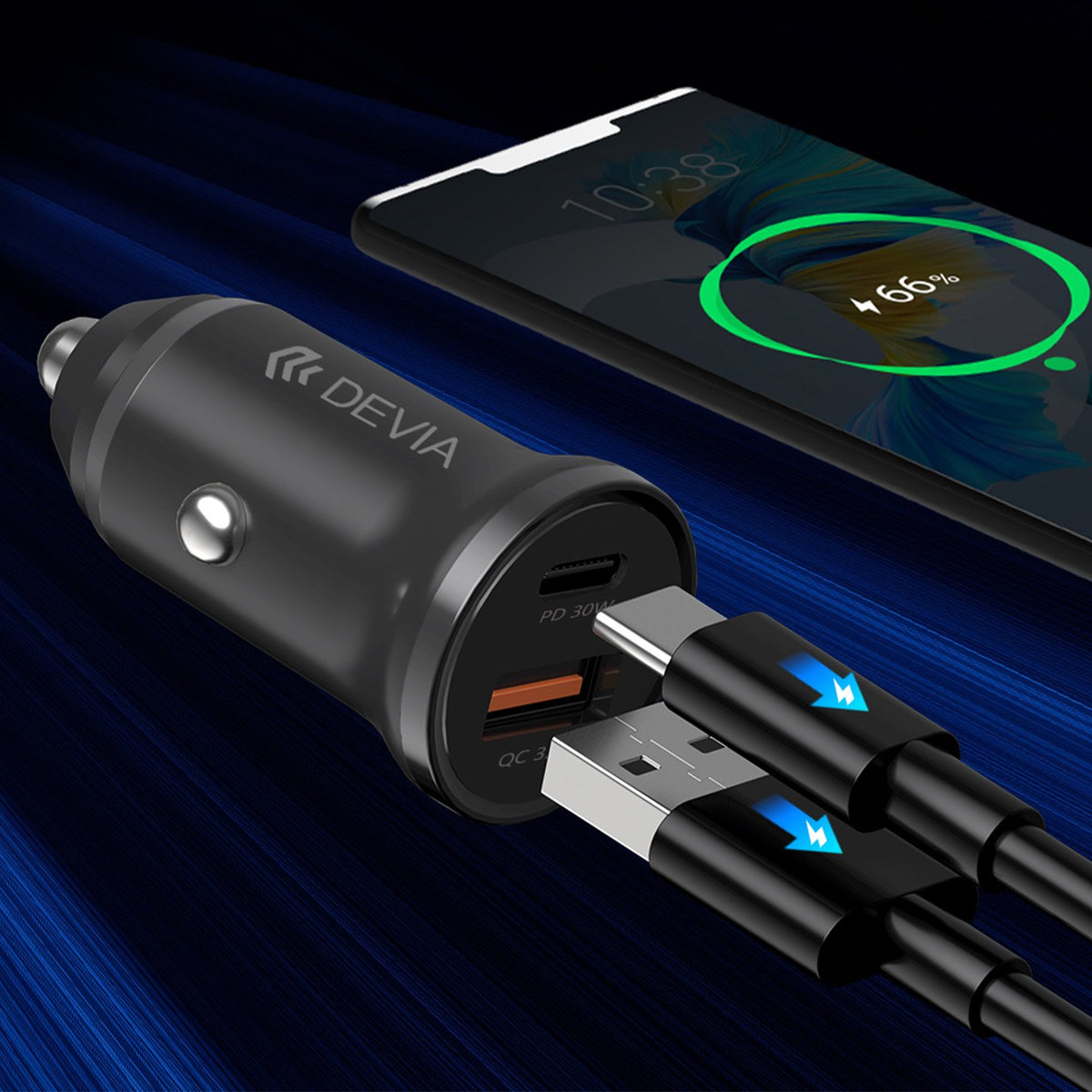 Devia automašīnas lādētājs Smart Mini PD QC 3.0 30W 1x USB 1x USB-C balts