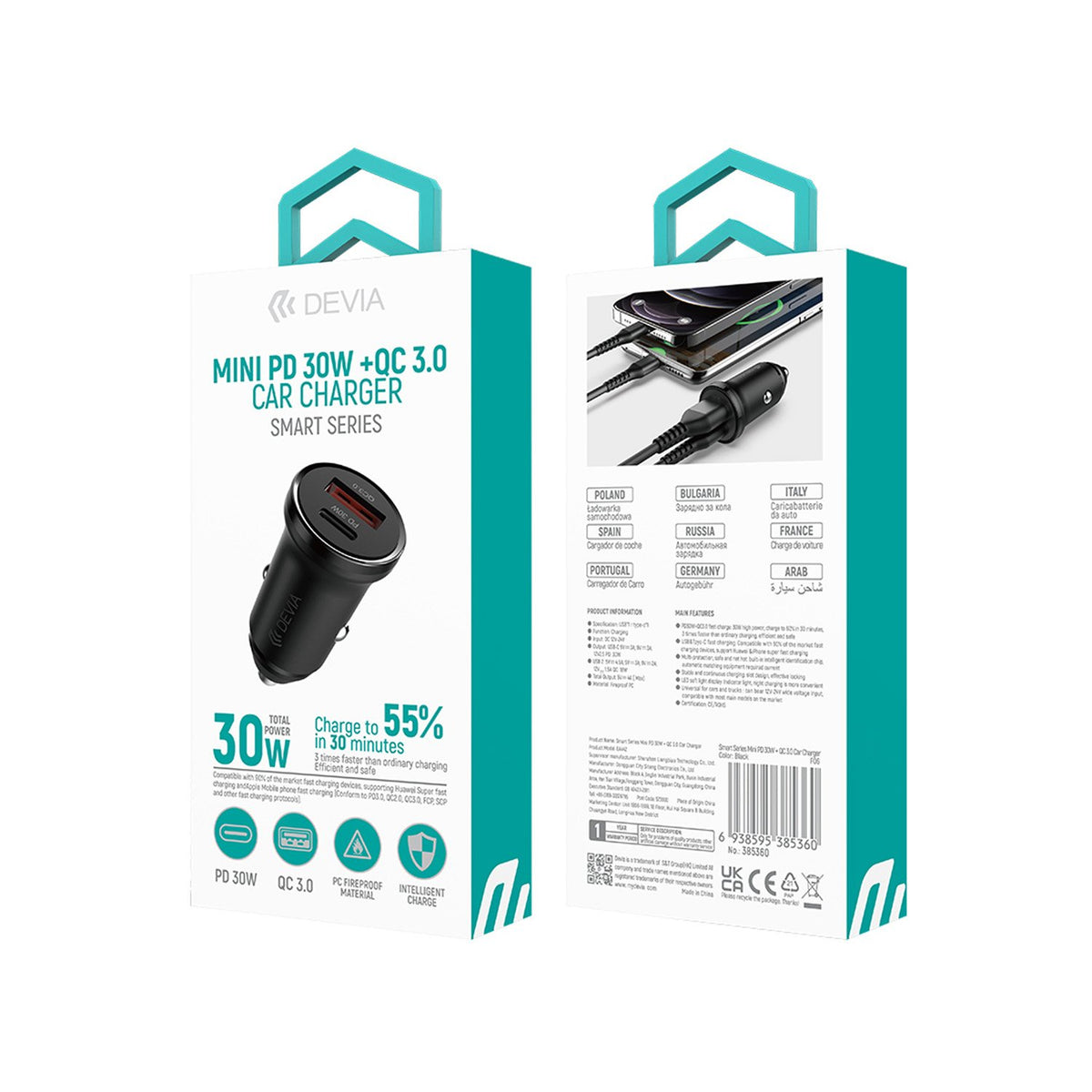 Devia automašīnas lādētājs Smart Mini PD QC 3.0 30W 1x USB 1x USB-C balts