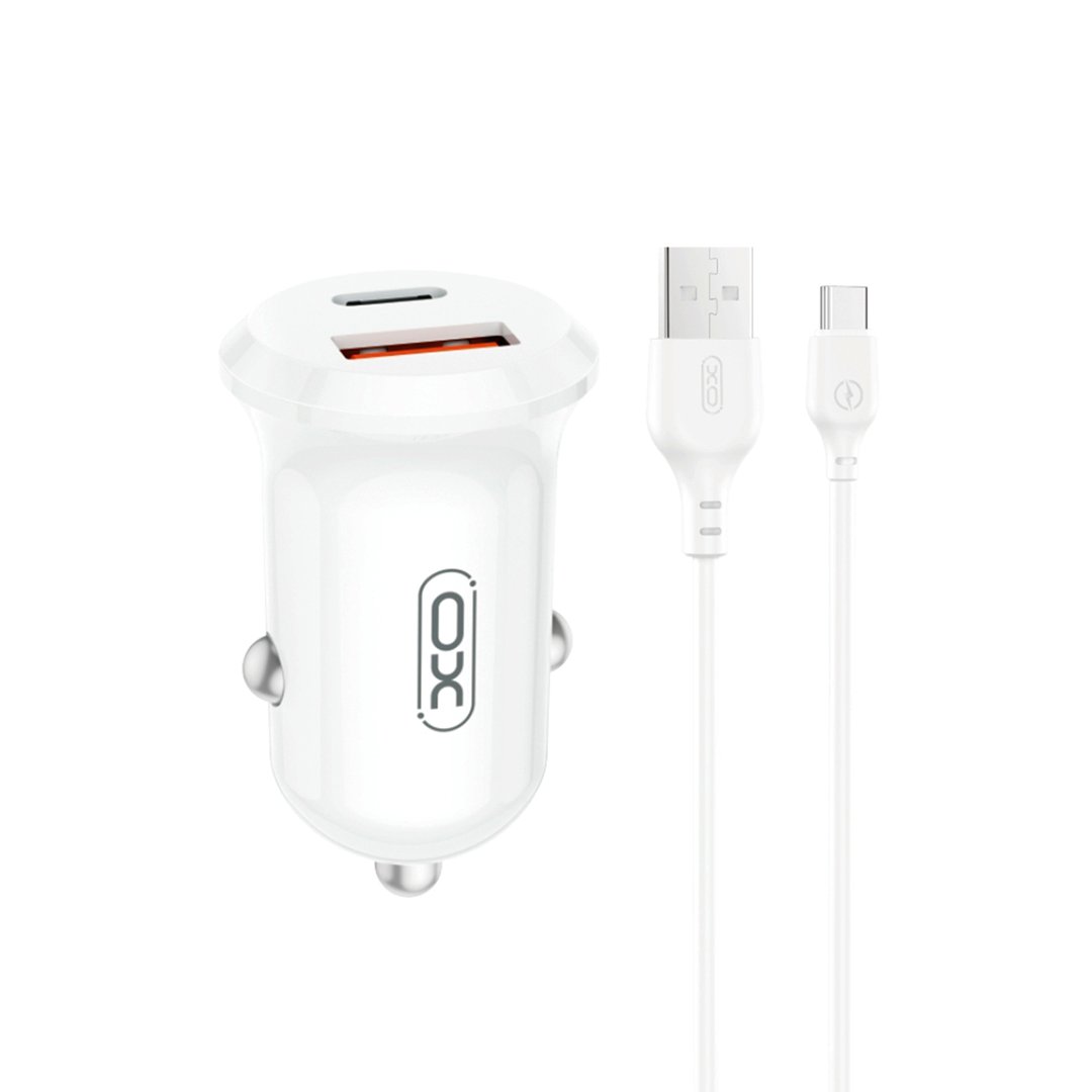 XO automašīnas lādētājs CC69 PD 30W QC 1x USB 1x USB-C balts + kabelis USB - USB-C
