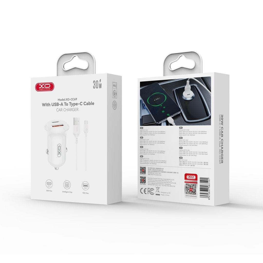 XO automašīnas lādētājs CC69 PD 30W QC 1x USB 1x USB-C balts + kabelis USB - USB-C