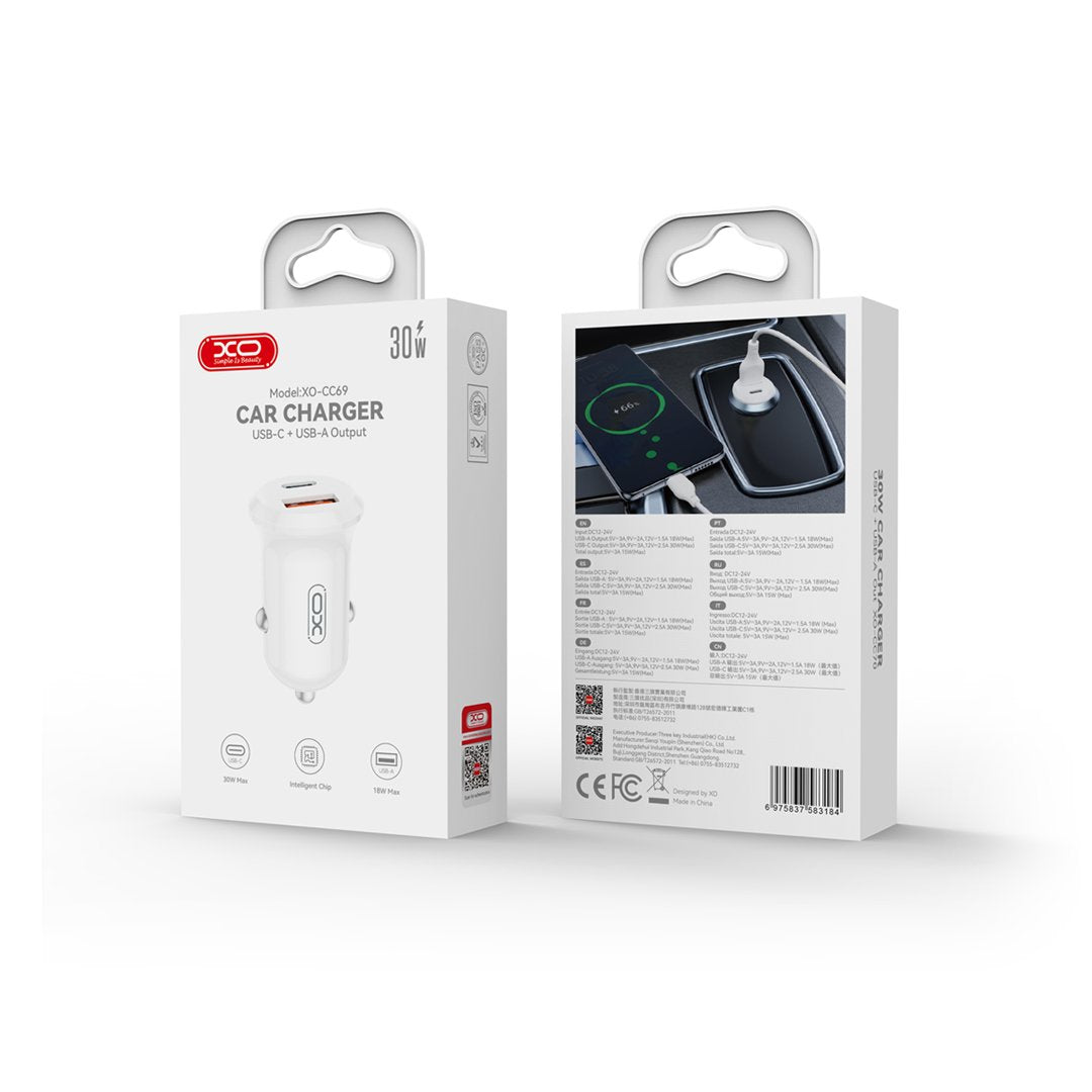 XO auto lādētājs CC69 PD 30W QC 1x USB 1x USB-C, balts
