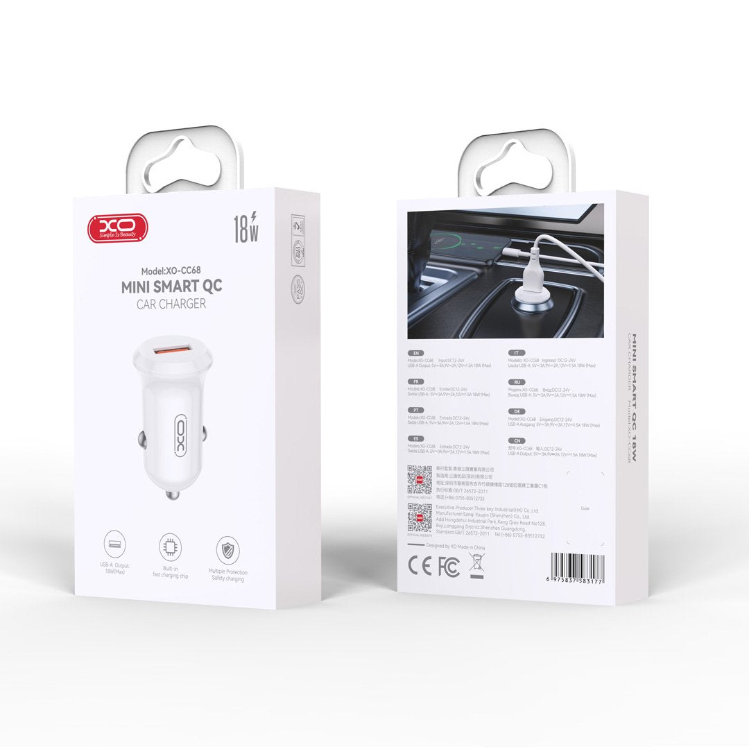 XO auto lādētājs CC68 18W QC 1x USB, balts