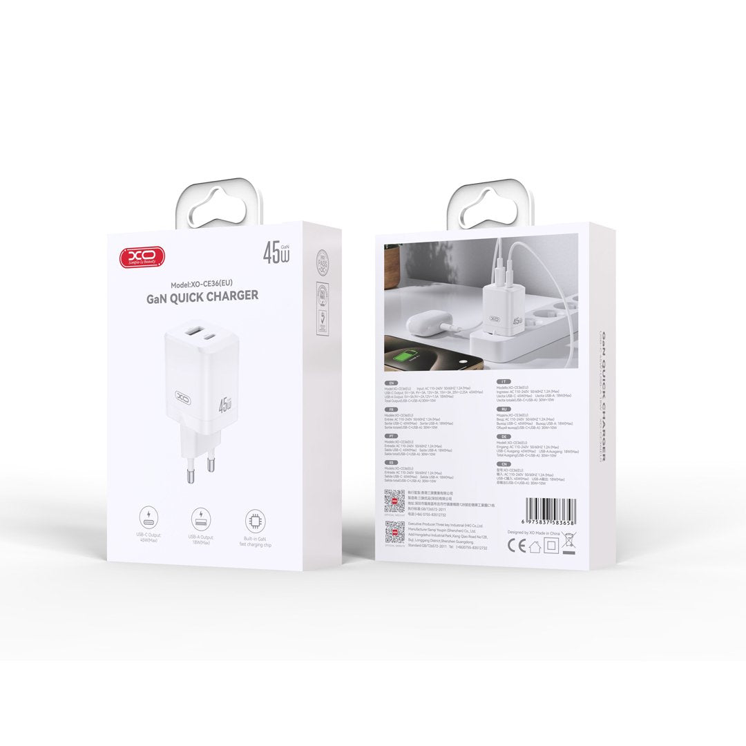XO tīkla lādētājs CE36 PD 45W 1x USB-C 1x USB, balts