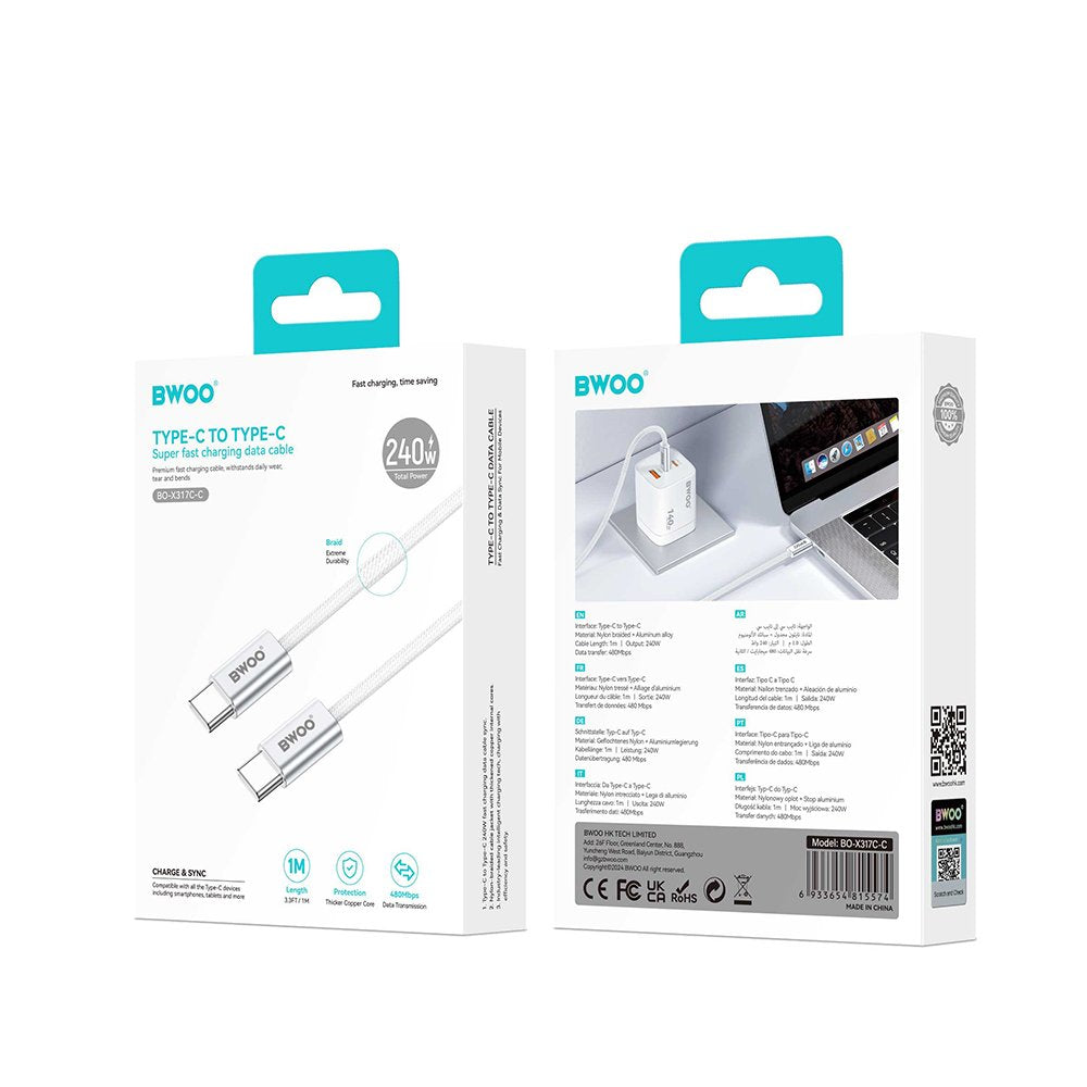 BWOO 240W pīts kabelis USB-C - USB-C BO-X317C-C 1m balts