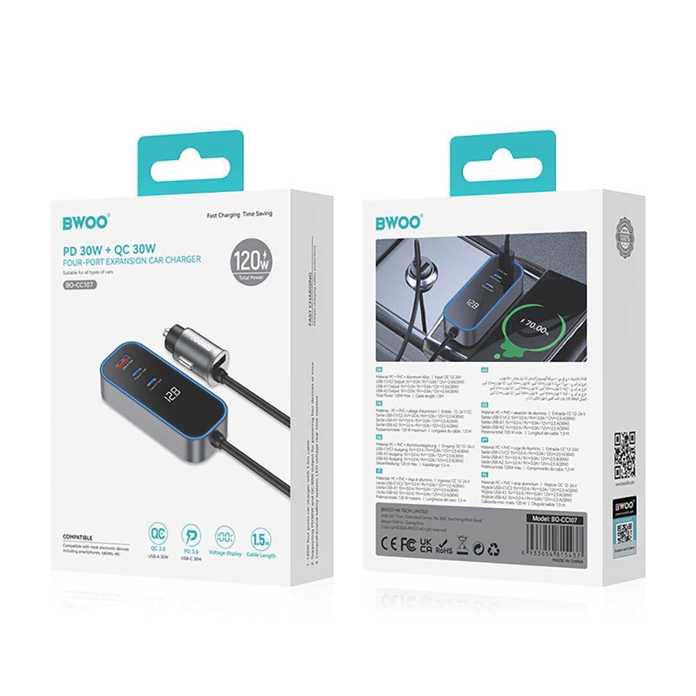 BWOO auto lādētājs CC107 PD 1x USB-C - USB-A port 30W, melns