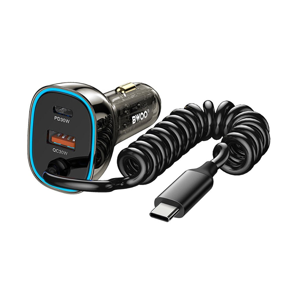 BWOO CC96C 30W PD automašīnas lādētājs 1x USB-C 1x USB porti ar USB-C kabeli pelēks