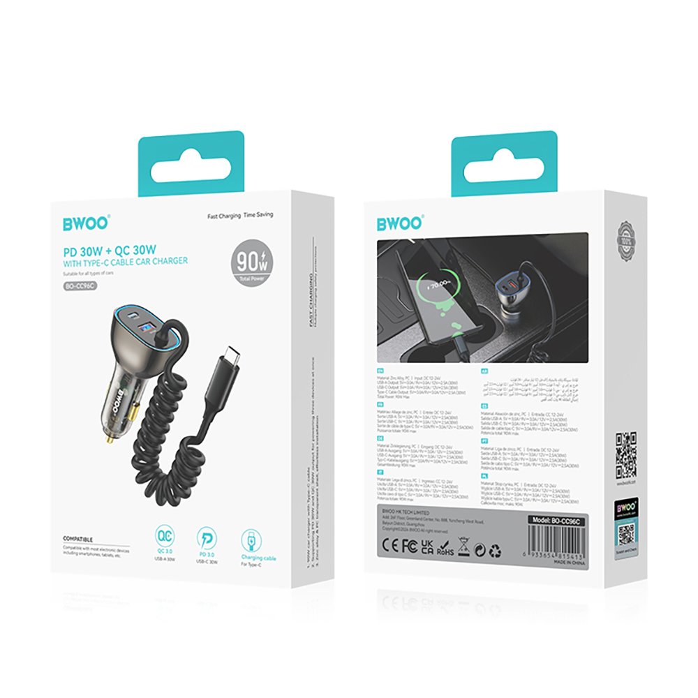 BWOO CC96C 30W PD automašīnas lādētājs 1x USB-C 1x USB porti ar USB-C kabeli pelēks