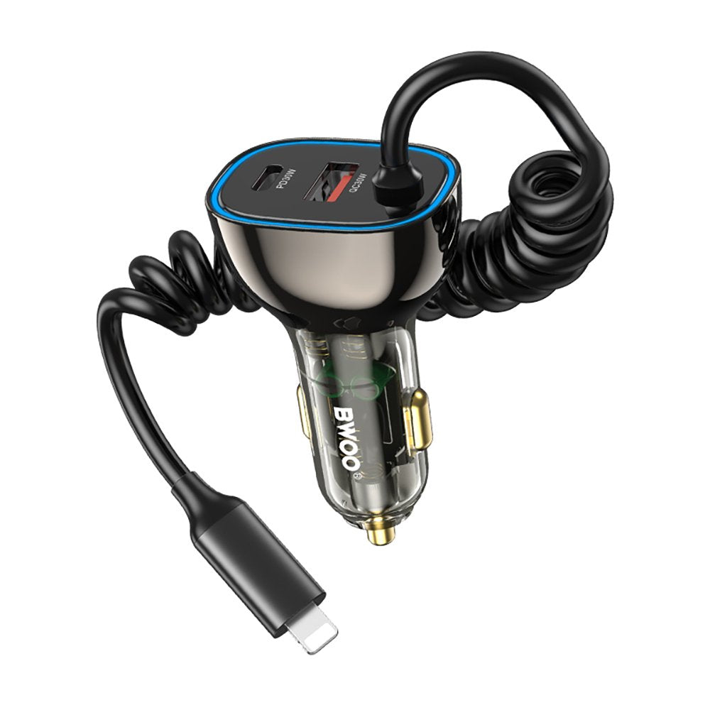 BWOO CC96L 30W PD automašīnas lādētājs 1x USB-C 1x USB porti ar Lightning kabeli pelēks