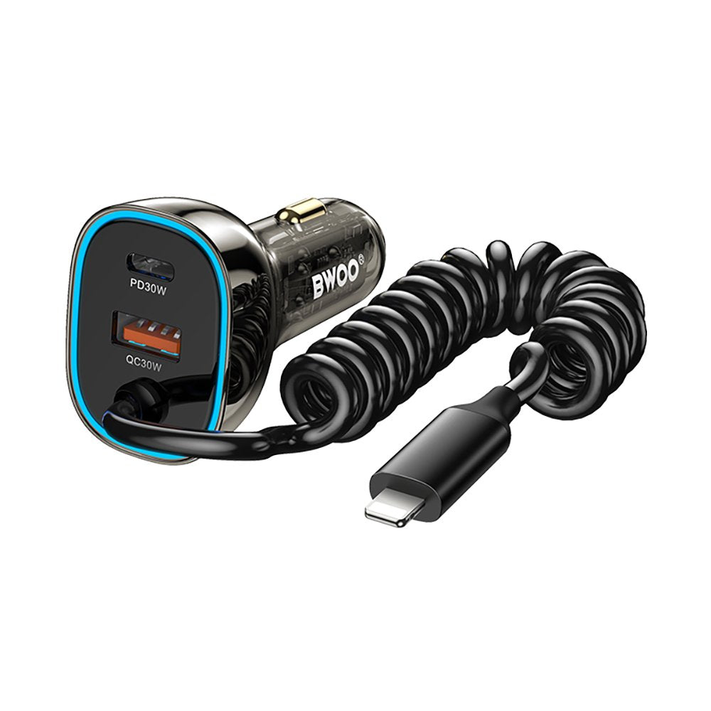 BWOO CC96L 30W PD automašīnas lādētājs 1x USB-C 1x USB porti ar Lightning kabeli pelēks